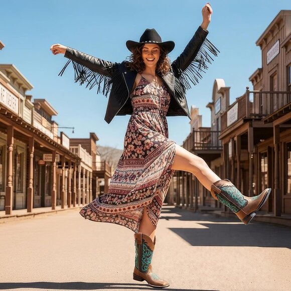 SheSole Western Boots Women's Brown Tan Faux Leather Square Toe Wide Mid Calf - Picture 7 of 9